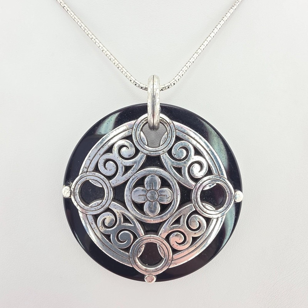 BRIGHTON Medallion Necklace Black Lucite Disk Open Scrollwork Silver Plate 34"
